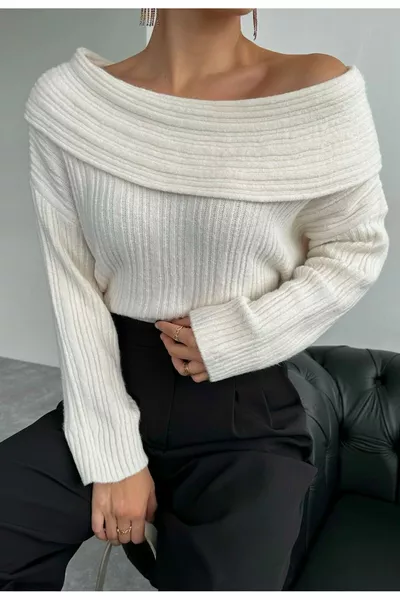 Women's Cream Open Shoulder Folded Sweater