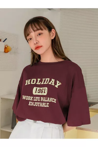 T-shirt in cotone oversize unisex donna/uomo HOLIDAY con stampa colorata personalizzata e collo rotondo