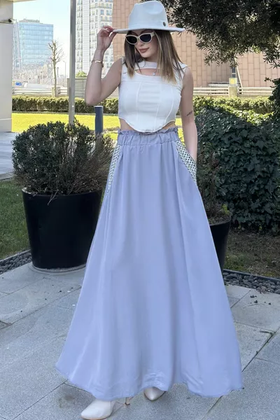 Women's Grey Elasticated Waist, Wicker Embroidered Pockets, Comfortable Fit, Long Weight Skirt