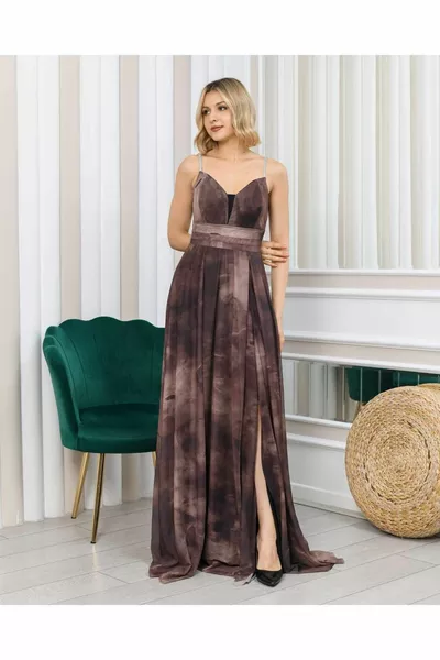 Rope Strap Printed Tulle Ebise Slit Evening Dress
