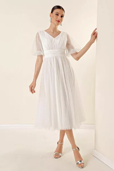 Ön Arka V Yaka Kısa Balon Kollu Astarlı Örümcek Desen Simli Tül Midi Elbise Ekru