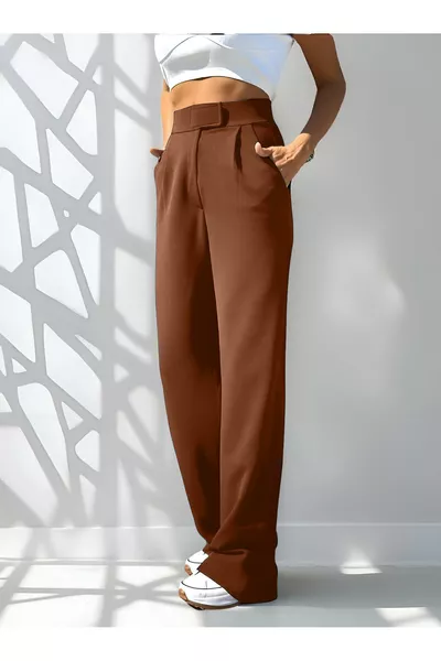 Pantaloni Palazzo Donna a Vita Alta con Chiusura a Strappo in Vita