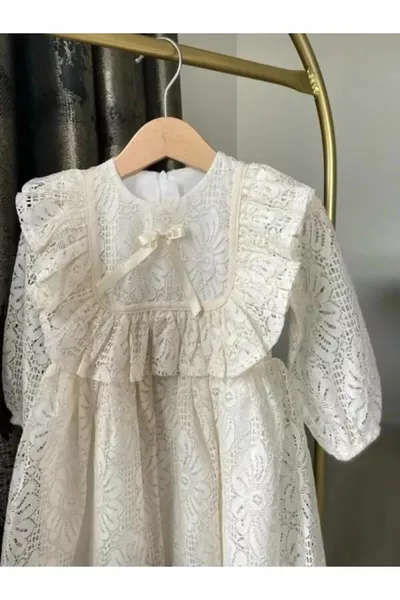 فستان أبيض من الدانتيل للبنات الصغيرات، مزين بالكشاكش من الأعلى، مناسب لأعياد الميلاد، الزفاف، الأعياد، والحفلات