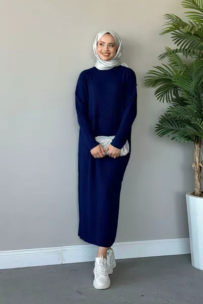 فستان تريكو مضلع كحلي