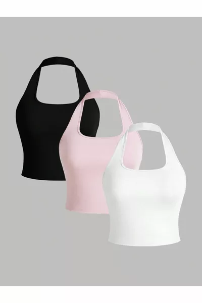 بلوزة نسائية قصيرة بدون أكمام 3 قطع بتصميم مضلع