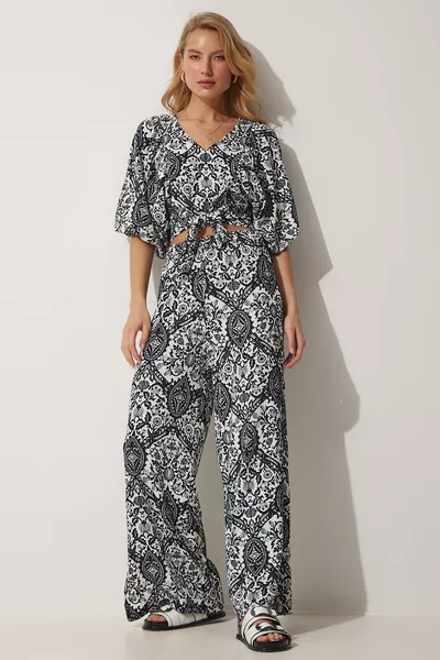 Women's Black and White Patterned Blouse with Loose Pants Set 