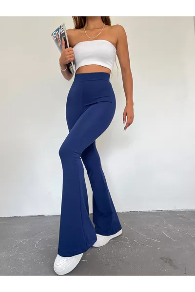 Damen Hohe Taille Spanische Schlaghose Leggings aus dunkelblauem Neoprenstoff, formend, dehnbar und blickdicht