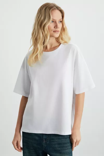 Lagertha Dames % Biologisch Katoen Dik Gestructureerd Oversized Fit Rondhals Wit T-shirt