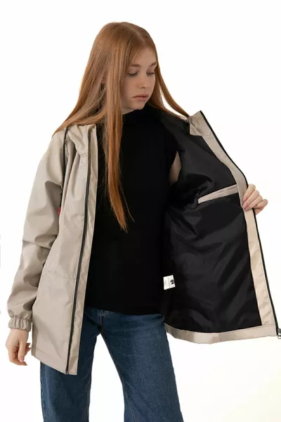 معطف نسائي مقاوم للماء والرياح مبطن من الداخل مع جيوب وغطاء رأس - واقي من الرياح