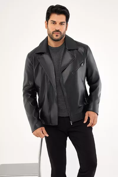 Veste en cuir noire pour homme, zip, coupe standard, taille normale, col croisé