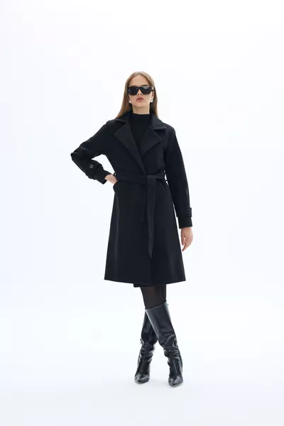 معطف كاشيه أسود بحزام / مجموعة