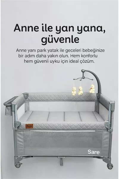 سرير حديقة جانبي لسارة للأطفال مع سرير لعب وتخت هدية - رمادي