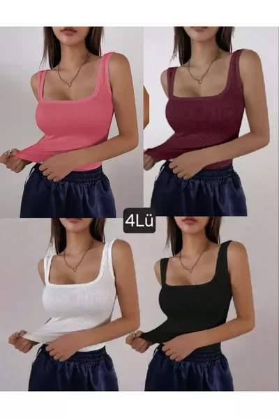 Dames Zwarte 4-delige Ribgebreide Crop Top met Vierkante Hals en Brede Bandjes Sport Ribgebreide Top 