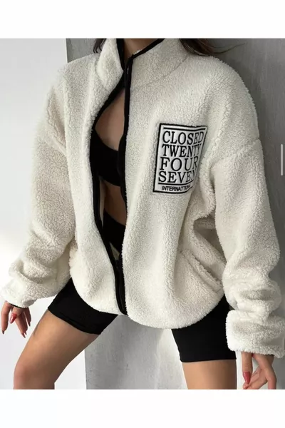 Unisex heren compatibele geborduurde pluche jas met ritssluiting