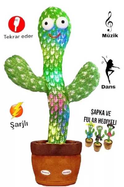 Peluches a forma di cactus in vaso che parla, balla e ha luci e musica