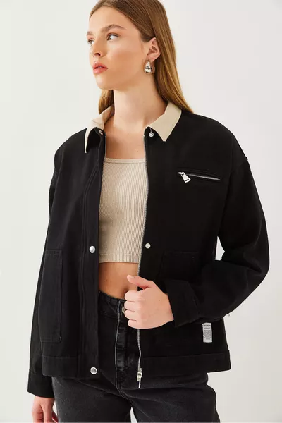 Women's Gabardine Jacket with Leather Collar Detail  