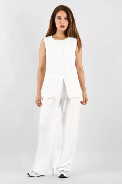 بنطال بالازو أبيض بقماش ليكرا نسائي مع إغلاق لاصق