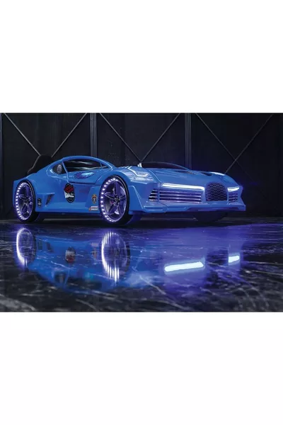 Lit enfant complet avec lit roulant Kaju Moon Aero bleu avec système de lumière et de son contrôlé par télécommande