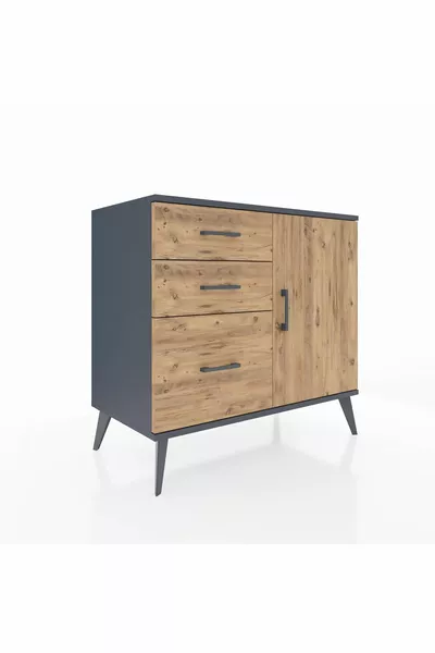 Hyperion Dresser with One Shelf, 3 Drawers, and Single Door, Anthracite-Pine