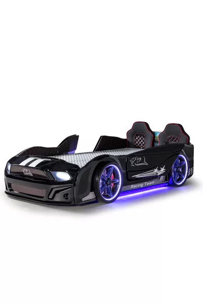 Portes de lit à roulettes noires Mustang avec ouverture, entièrement équipées de LED, télécommandées et avec musique