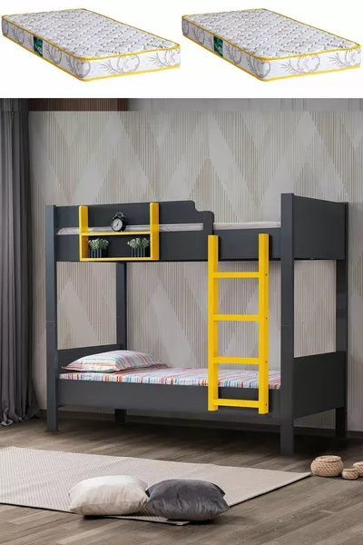 سرير بطابقين، سرير بطابقين قابل للفصل من آسيا، رمادي غامق - أصفر، 2 مرتبة كومفورت