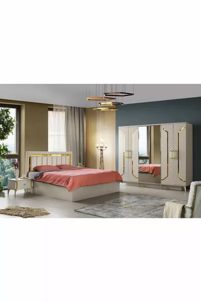 Milano Slaapkamer-mdf-zandbeige-6 Deuren en Spiegel-zonder Bedbodem met Lattenbodem-gratis Verzending en Montage