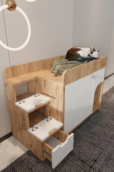 MAYA Ahşap Kedi Tuvaleti ve Yatağı Ranza Modeli-kapağı Kilitli- Kum Kabı YOK-Yatak YOK- A.ÇAM- BEYAZ