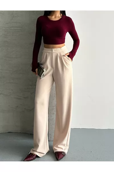 بنطال Palazzo نسائي بيج بطيات وخصر مرتفع قماش  ينفد