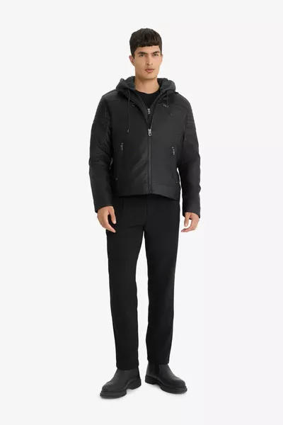 Slim Fit Strakke Pasvorm Afneembare Capuchon Ritszakken Pluche Voering Kunstleren Jas WN