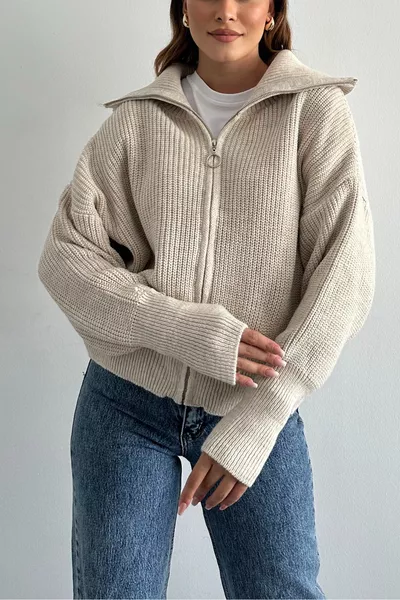 Stone-Colored V-Neck Zip-Up Knit Cardigan