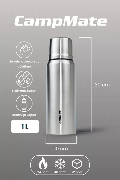 ترمس فولاذي مزدوج الطبقة بسعة 1 لتر، يحافظ على السخونة لمدة  ساعة والبرودة لمدة  ساعة، (للتخييم، النزهات، المكتب، السفر)