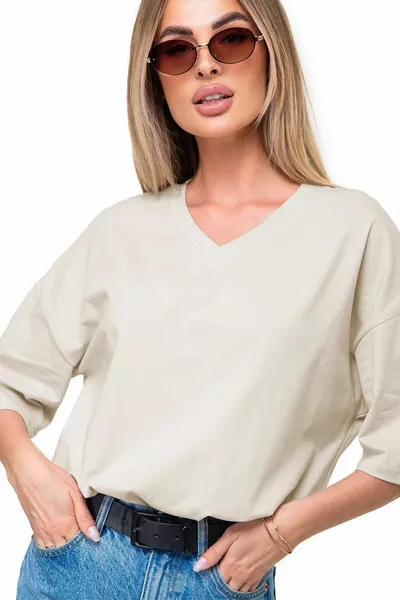 T-shirt basique beige pour femme en coton avec lycra, col en V, oversize, sans imprimé