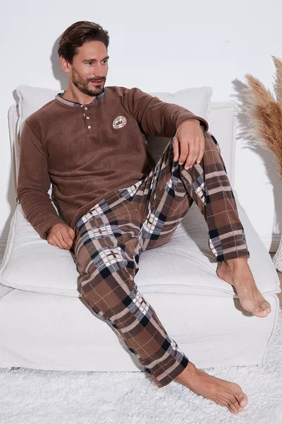 Plaid Regular Fit Buttoned Crew Neck Winter Fleece Pajama Set for Men PAJAMA SET 