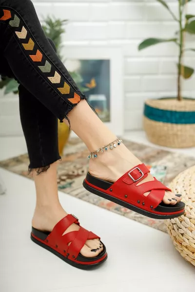 Kırmızı Kadın Dolgu Topuk Ortopedik Günlük  Topuklu Terlik