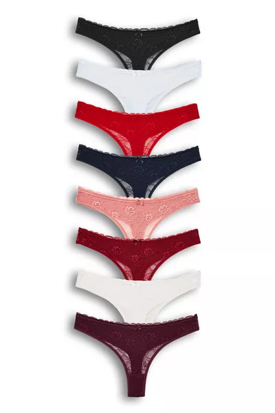 8-Pack Women's Cotton Thong Panties with Lace Front and Double-Layer Back