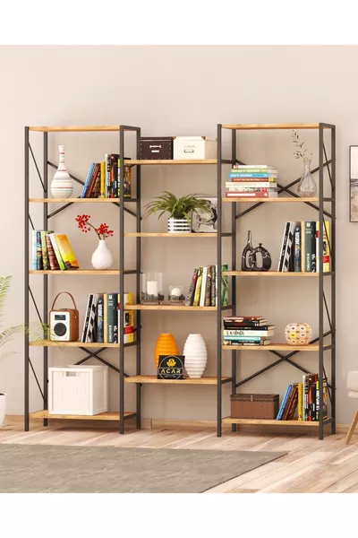 Metal -Shelf Wide Bookcase Store Shelf Office Multi-Shelf Bookcase Large Wooden Library XL Maxi