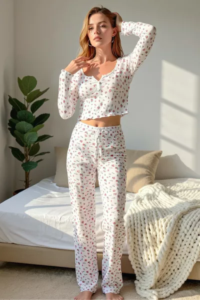 طقم بيجاما طويل الأكمام بطبعة الأزهار من القطن والفيσκوز