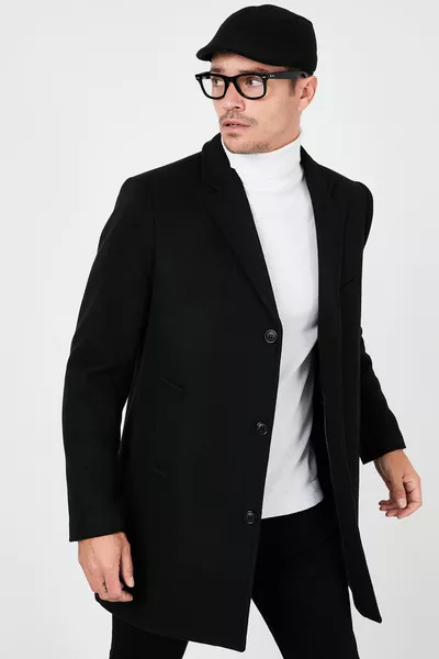 معطف رجالي صوف بقصة ضيقة، زر واحد، شق واحد، وياقة أحادية KABAN 