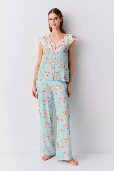Flowers Strap Shirt Collar Pajama Set