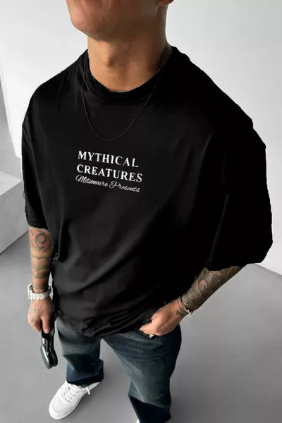 Herren T-Shirt mit übergroßem Schnitt, schwarzes Rundhals-Oversize-Shirt mit Mythical Pegasus Print