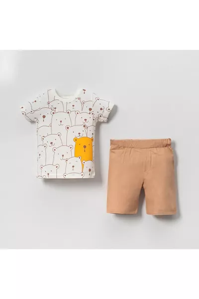 مرحبا أطقم شورت صيفية للأطفال والرضع من القطن بنقشة الدببة باللون الطوبي