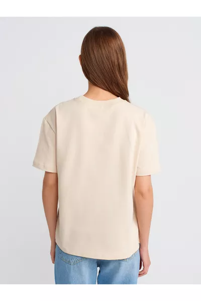  % Хлопок Декоративная Строчка Футболка с Круглым Вырезом - Камень