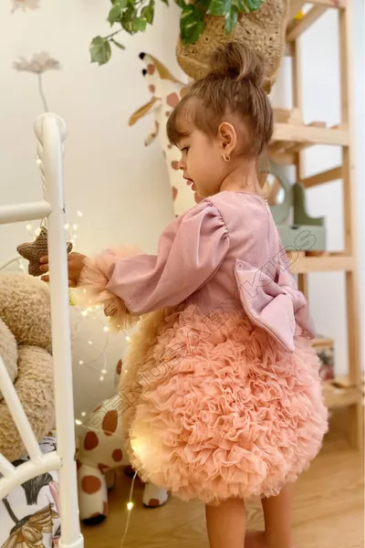 فستان فتاة رضيع طويل الأكمام بستة طبقات تول بلون وردي باهت