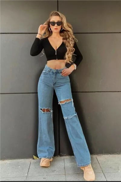 Pantaloni palazzo Shabby Jeans a vita super alta strappati blu scuro (POWER LYCRA)