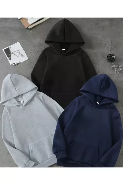 مجموعة هوديز أساسية بسويت شيرت بجيب الكنغر بكابيشو، للجنسين، 3 قطع، بالألوان: كحلي - أسود - رمادي