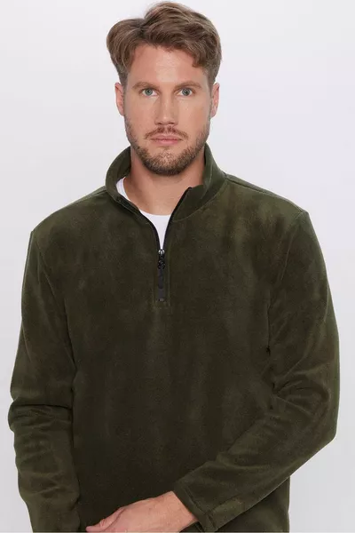 Felpa in pile con collo alto, colore kaki scuro, unisex, taglio standard, comoda, resistente al freddo e che non forma pelucchi