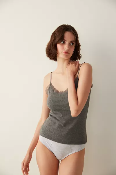 Anthracite Thin-Strap Lace-Detail Tank Top