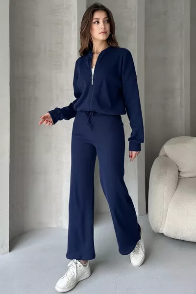 Navy Ribbed Knit Pants and Bomber Jacket Women's Set