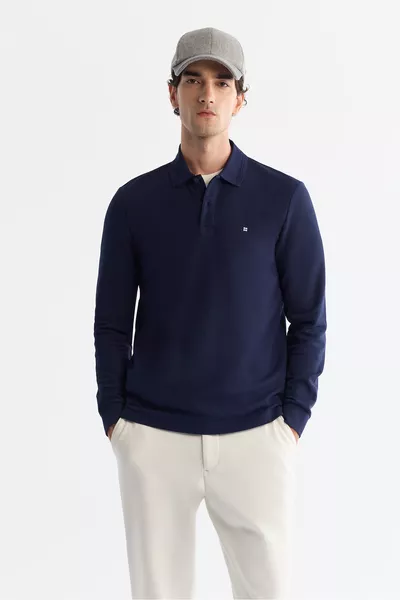 سويت شيرت بولو قطني ضيق أساسي للرجال بلون كحلي 