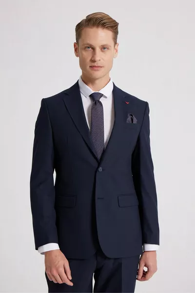 Abito da uomo Ds Damat slim fit blu scuro, liscio, elasticizzato con colletto alla coreana, doppio spacco, foderato